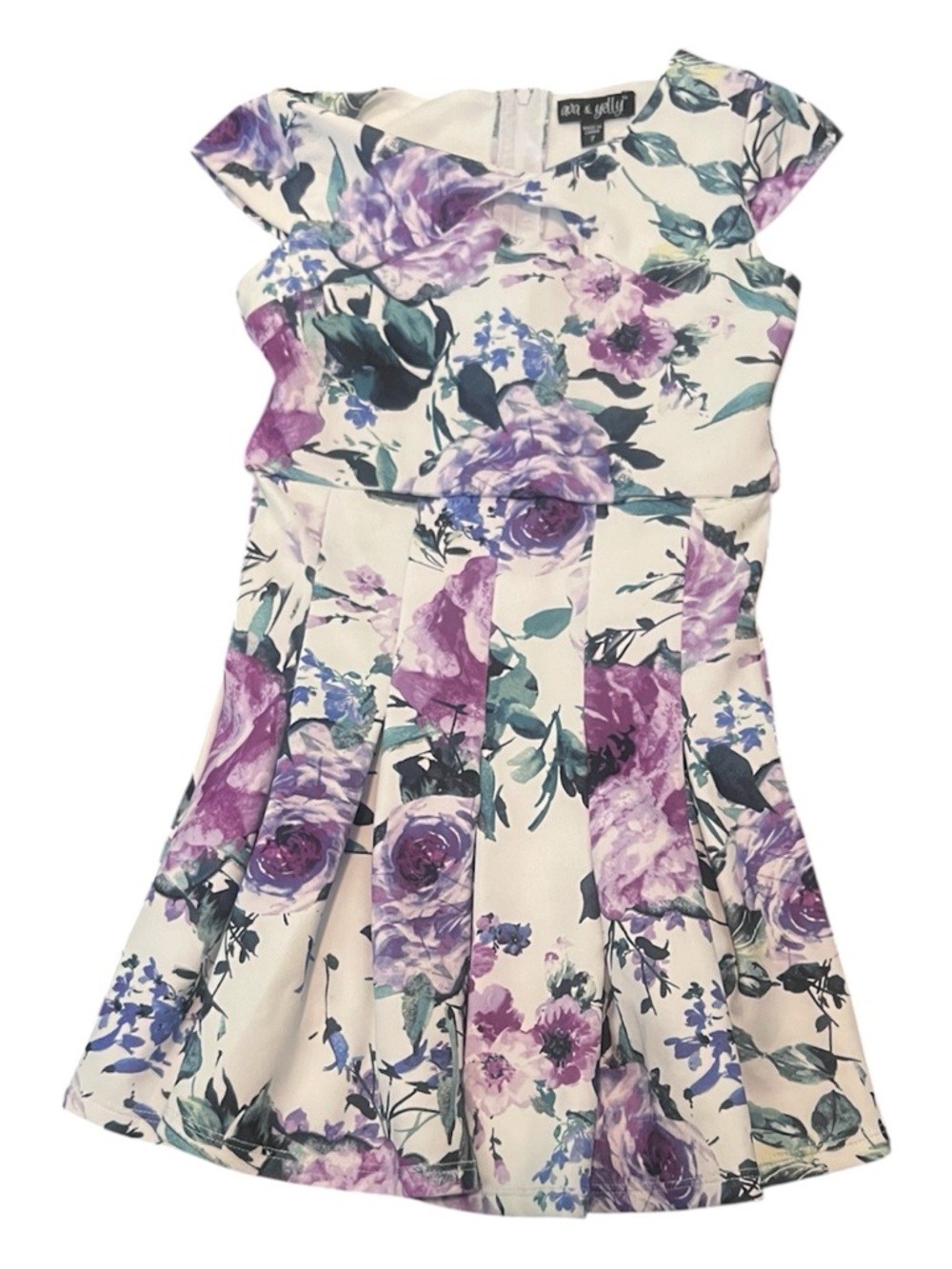 Girls Floral Pleated Dress - Purple Floral-ava and jelly- size 7